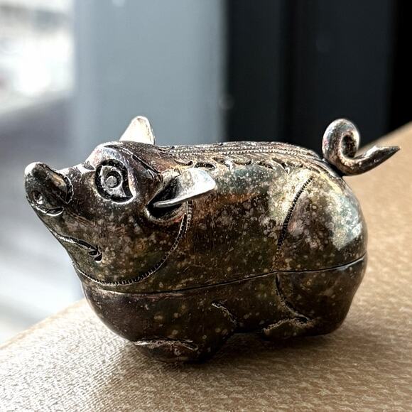 Antique Cambodian Silver Ornate Betel Nut Pig Box 